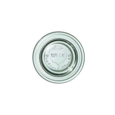 Szklana pokrywka Weck 40 mm do słoików, widok z góry. Przezroczyste szkło z wytłoczonym logo truskawki, napisem WECK oraz Rundrand-Glas 40 na środku wieczka.