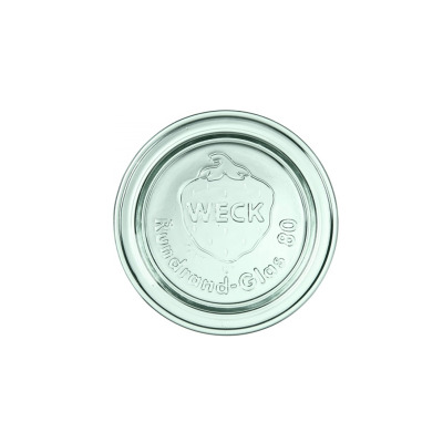 Szklana pokrywka do słoików Weck o średnicy 80 mm. Przezroczyste, okrągłe wieczko z wytłoczonym logo truskawki oraz napisem WECK Rundrand-Glas 80, widok z góry.