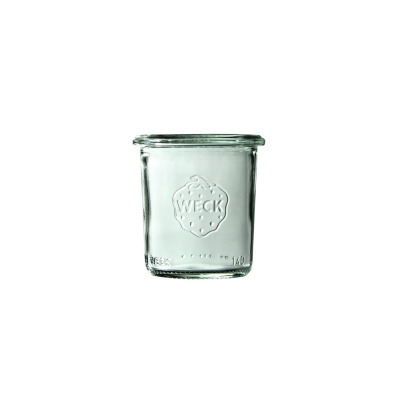 Przezroczysty szklany słoik Weck Mini-Sturz o pojemności 140 ml z charakterystycznym wytłoczonym logo truskawki i napisem WECK na froncie, widok na wprost.