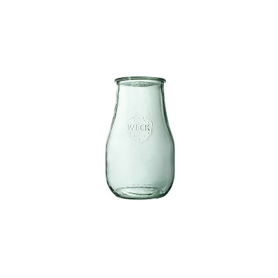 Szklany słoik Weck Tulip o pojemności 2700 ml z charakterystycznym zwężeniem u góry. Przezroczyste naczynie z wytłoczonym logo marki Weck w kształcie truskawki.