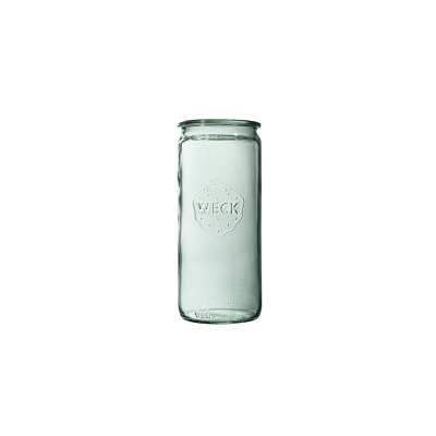 Wysoki, przezroczysty słoik szklany Weck Zylinder o pojemności 1040 ml. Na froncie widoczne wytłoczone logo marki z symbolem truskawki oraz napis WECK 1040 ml.