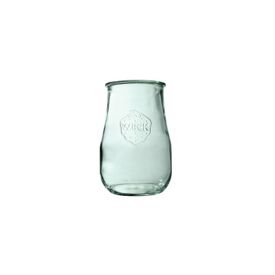 Szklany słoik WECK Tulip o pojemności 1750 ml z charakterystycznym wytłoczonym logo truskawki i napisem WECK na froncie, widoczny na białym tle.
