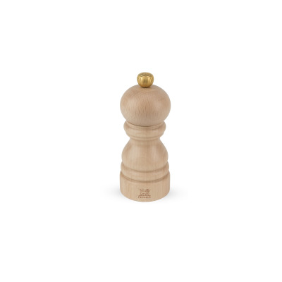 Drewniany młynek do soli Peugeot Paris Classique o wysokości 12 cm w naturalnym odcieniu. Klasyczny, profilowany kształt z charakterystycznym złotym pokrętłem