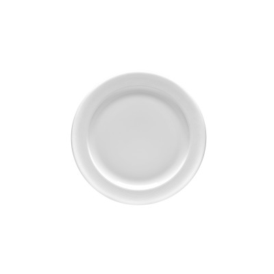 Biały talerz płytki Lubiana Roma-Eto Hotel o średnicy 25,6 cm. Klasyczna porcelana z subtelnym, żłobkowanym wzorem na szerokim rancie, widok z góry.
