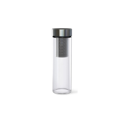 Szklana butelka z zaparzaczem Simax PURE AQUA o pojemności 500 ml. Przezroczyste naczynie z metalowym sitkiem wewnątrz i srebrną nakrętką, widok z przodu.