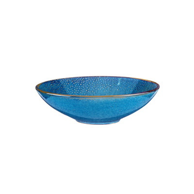 Talerz głęboki 26 cm DEEP BLUE marki Verlo o nowoczesnym designie. Naczynie w intensywnym odcieniu niebieskiego z subtelnymi, jasnymi kropkami i brązowym