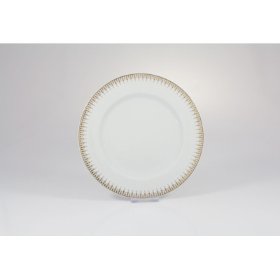Talerz deserowy 19 cm G682 YVONNE Złoty Miraż marki Chodzież. Biała porcelana z eleganckim, geometrycznym złotym zdobieniem na obrzeżu, widok z góry na wprost.