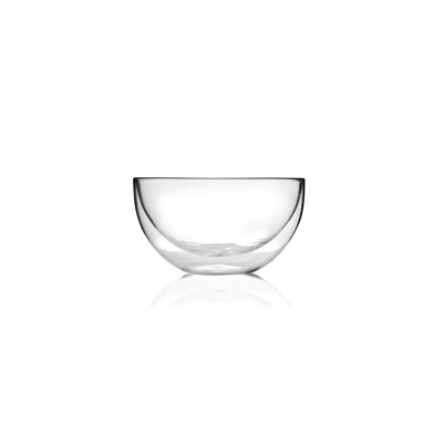 Przezroczysta miska z podwójną ścianką Vialli Design Amo o pojemności 500 ml. Szklana salaterka o minimalistycznym designie, widoczna na białym tle z odbiciem.