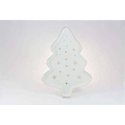 Biały półmisek Lubiana 35 cm w kształcie choinki. Porcelanowe naczynie z serii 0372 CHOINKA ozdobione złotym obrzeżem oraz delikatnym wzorem złotych gwiazdek.
