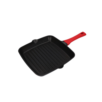Patelnia grillowa Zwieger Obsidian 28 cm z charakterystycznym karbowanym dnem, czarną powłoką nieprzywierającą i ergonomiczną czerwoną rączką, widok z góry.