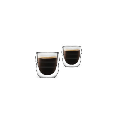 Dwie szklanki do espresso Vialli Design Sferico o pojemności 70 ml z podwójną ścianką, wypełnione czarną kawą, ustawione na białym tle.
