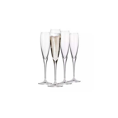 Cztery eleganckie kieliszki do szampana Perla marki Krosno Glass o pojemności 170 ml. Jeden z nich jest wypełniony musującym trunkiem, pozostałe trzy są puste.