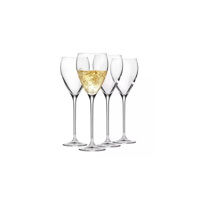 Zestaw czterech eleganckich kieliszków do wina Perla marki Krosno Glass o pojemności 280 ml. Jeden z nich jest wypełniony musującym trunkiem, widoczne bąbelki.