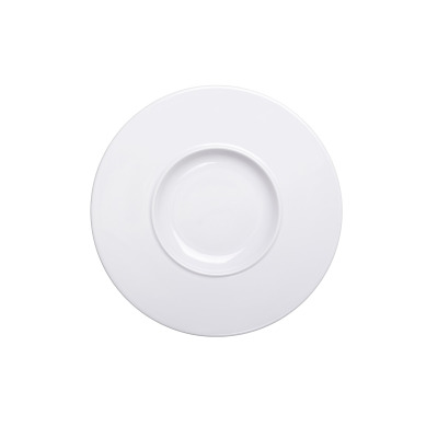 Biały talerz płytki 27 cm z kolekcji Muza marki Lubiana. Widok z góry na minimalistyczną, porcelanową zastawę o gładkiej powierzchni i klasycznym, okrągłym