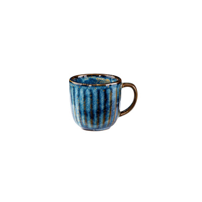 Filiżanka do espresso 90 ml DEEP BLUE marki Verlo o pękatym kształcie z pionowymi żłobieniami. Ceramiczne naczynie w odcieniach głębokiego błękitu z brązowymi