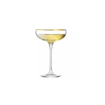 Płaski kieliszek do szampana Harmony Gold marki Krosno Glass o pojemności 240 ml, wykonany z przejrzystego szkła z eleganckim, złotym wykończeniem krawędzi.