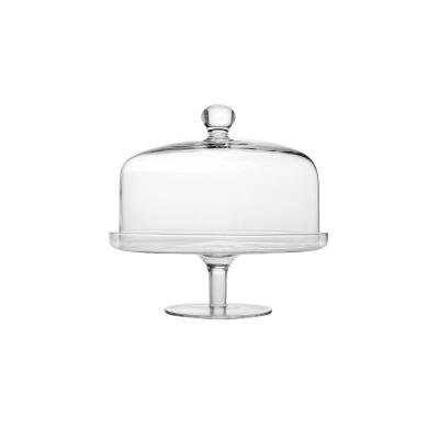 Szklana patera na nodze z kloszem Glamour od Krosno Glass S.A. Przezroczyste naczynie z elegancką pokrywą i uchwytem w formie kuli, idealne do serwowania ciast.