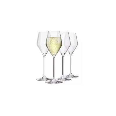 Zestaw czterech eleganckich kieliszków do szampana RAY od Krosno Glass S.A. o pojemności 175 ml. Jeden z kieliszków jest wypełniony musującym trunkiem.