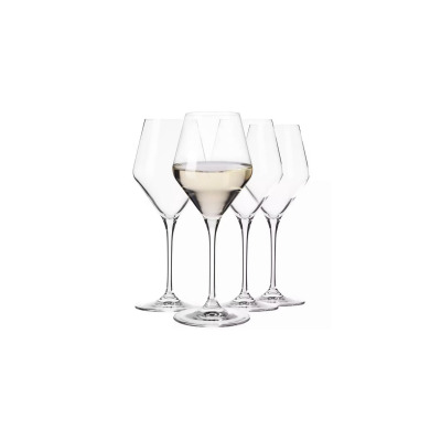 Zestaw czterech eleganckich kieliszków do wina białego RAY od Krosno Glass o pojemności 320 ml. Jeden z nich jest wypełniony winem, prezentując nowoczesny