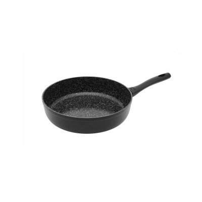 Głęboka patelnia Gerlach Granitex o średnicy 28 cm z nieprzywierającą powłoką o charakterystycznej granitowej teksturze w kolorze czarnym z jasnymi drobinkami.