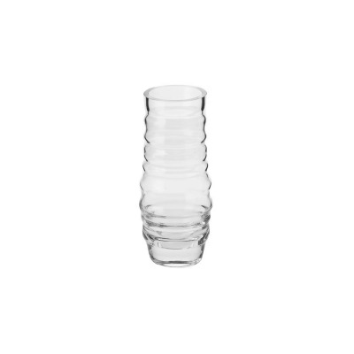 Przezroczysty wazon ryflowany Krosno Glass o wysokości 25 cm. Szklane naczynie o dekoracyjnej, falowanej strukturze ścianek, ukazane na białym tle.