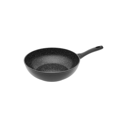 Patelnia wok Gerlach Granitex o średnicy 28 cm z nieprzywierającą powłoką o nakrapianej, granitowej teksturze i czarnym, ergonomicznym uchwytem, widok z ukosa.