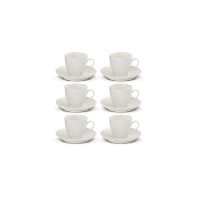 Zestaw 6 białych filiżanek ze spodkami FLOW New marki Gerlach. Klasyczne, minimalistyczne naczynia z porcelany ustawione w dwóch rzędach na białym tle.