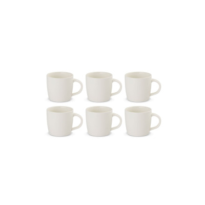 Zestaw 6 białych kubków Gerlach FLOW New o minimalistycznym designie, ustawionych w dwóch rzędach na białym tle. Porcelanowe naczynia o gładkiej fakturze.