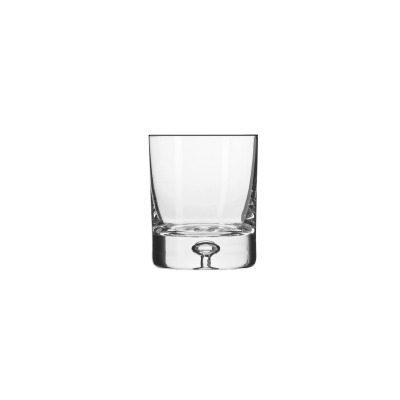 Przezroczysta szklanka niska Legend o pojemności 250 ml marki Krosno Glass S.A. z charakterystycznym pęcherzykiem powietrza w grubym, szklanym dnie.
