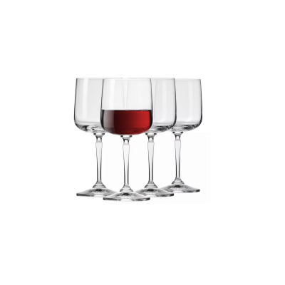 Zestaw czterech przezroczystych kieliszków do wina Roma marki Krosno Glass o pojemności 360 ml. Jeden z nich jest wypełniony czerwonym winem, widok na wprost.