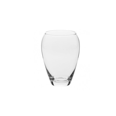 Szklany wazon Krosno Glass S.A. o wysokości 20 cm z serii HOME OS. Przezroczyste naczynie o obłym, pękatym kształcie z grubym dnem, widoczne na białym tle.
