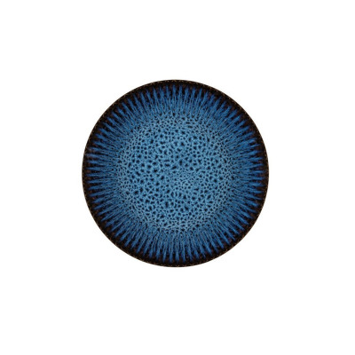 Talerz płytki 27 cm Lubiana Stoneware S006T Cosmos z góry. Ceramiczne naczynie o głębokim, niebieskim odcieniu z charakterystycznym, nakrapianym wzorem i