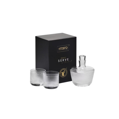 Prezentowy zestaw do whisky Krosno Perfect Serve Scotland z karafką i dwoma szklankami o diamentowej strukturze. Obok czarne pudełko z logo Krosno Glass.