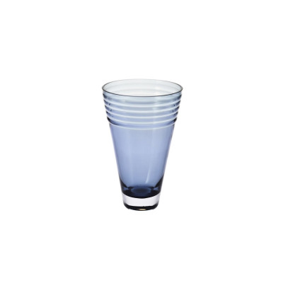 Granatowy wazon stożkowy Krosno Glass o wysokości 25 cm. Szklane naczynie o zwężającym się ku dołowi kształcie z ozdobnymi, poziomymi żłobieniami w górnej