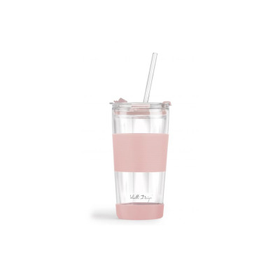 Kubek termiczny szklany ze słomką 600 ml - FUORI Różowy (30411)