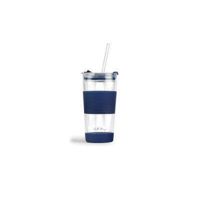 Szklany kubek termiczny Vialli Design Fuori o pojemności 600 ml w kolorze granatowym, z silikonową opaską, pokrywką i słomką. Widok na wprost.