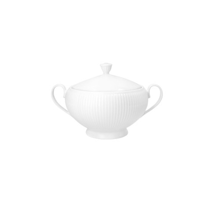 Biała waza porcelanowa Chodzież Dalia o pojemności 2,5 l. Naczynie z pokrywką posiada eleganckie pionowe żłobienia, dwa wyprofilowane uchwyty i stabilną