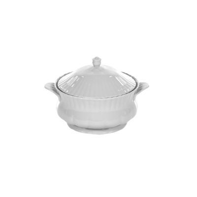 Biała porcelanowa waza Chodzież Iwona o pojemności 2,50 l. Klasyczne naczynie z pokrywką, ozdobione delikatnym żłobkowaniem, widoczne na czystym, białym tle.