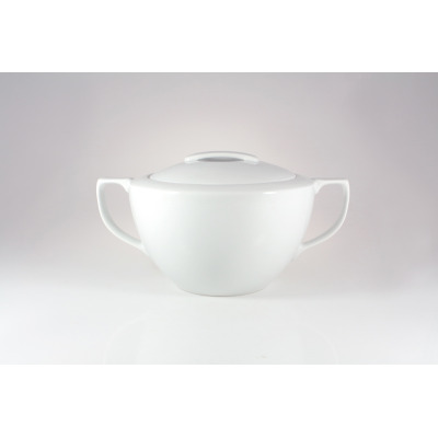 Biała waza Ćmielów City o pojemności 2,5 l z pokrywką. Eleganckie naczynie z porcelany o gładkiej powierzchni i dwóch uchwytach, widok z przodu na jasnym tle.