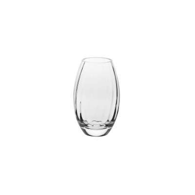 Szklany wazon optyk Krosno Glass o wysokości 17,5 cm. Przezroczyste naczynie o owalnym kształcie z delikatnym, pionowym żłobieniem ścianek, widok na wprost.