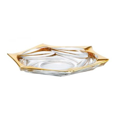 Talerz kryształowy Bohemia FLAMENCO GOLD SOFT o średnicy 33 cm. Szklane naczynie o geometrycznym kształcie z eleganckim, złotym wykończeniem krawędzi.