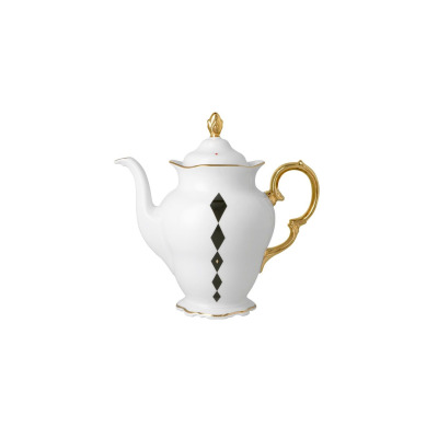 Biały porcelanowy imbryk Ćmielów G539 Alaska Dama Kier o pojemności 1,20 l. Elegancki kształt z ozdobnym złotym uchwytem, wykończeniem oraz pionowym wzorem