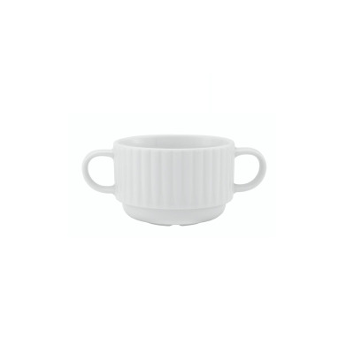 Biała bulionówka 300 ml Daisy Hotel marki Lubiana. Porcelanowe naczynie z dwoma uchwytami, ozdobione pionowym żłobkowaniem na ściankach, widok z profilu na