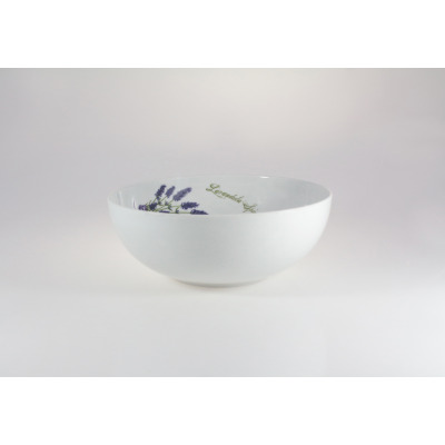 Biała salaterka Lubiana Venus o średnicy 25 cm z subtelnym motywem lawendy i napisem Lavandula Spica wewnątrz. Klasyczna porcelanowa miska w ujęciu z profilu.