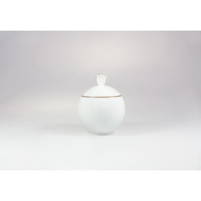 Biała porcelanowa cukiernica Waza 200 ml z serii Modern Złota Linia. Okrągłe naczynie z pokrywką zwieńczoną uchwytem, ozdobione subtelnym, złotym obrzeżem