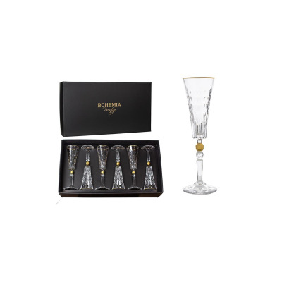 Zestaw sześciu kryształowych kieliszków do szampana Bohemia Conte Gold 170 ml w czarnym pudełku z logo marki oraz pojedynczy kieliszek z ozdobnym złotym