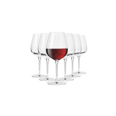 Zestaw sześciu eleganckich kieliszków do wina Krosno Divine o pojemności 670 ml. Jeden kieliszek wypełniony czerwonym winem na pierwszym planie, pięć pustych w