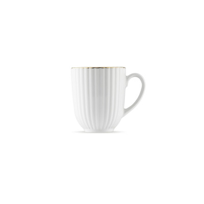 Biały porcelanowy kubek 350 ml Daisy Gold Line marki Lubiana z pionowym żłobkowaniem i eleganckim złotym wykończeniem krawędzi na białym tle.