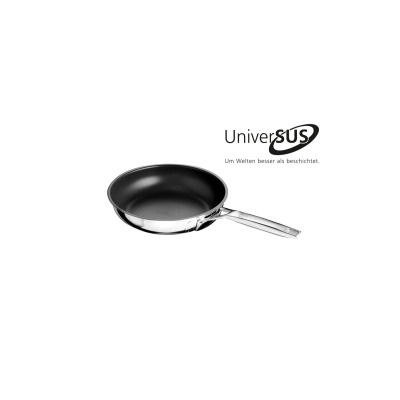 Patelnia 20 cm ASTRAL marki Schulte-Ufer z powłoką nieprzywierającą. Srebrny korpus ze stali nierdzewnej, czarne wnętrze, logo UniverSUS i hasło: Um Welten