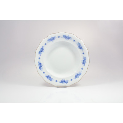 Talerz głęboki 22,5 cm Ćmielów G540 ALASKA z porcelany o falistym brzegu, zdobiony delikatnym, niebieskim motywem kwiatowym na białym tle ze złotą linią na